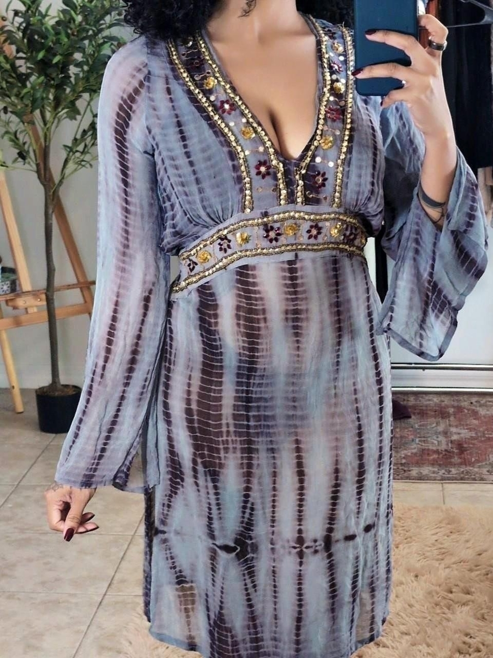 Embellished V-Neck Tie-Dye Shift Dress - Lavender & Charcoal